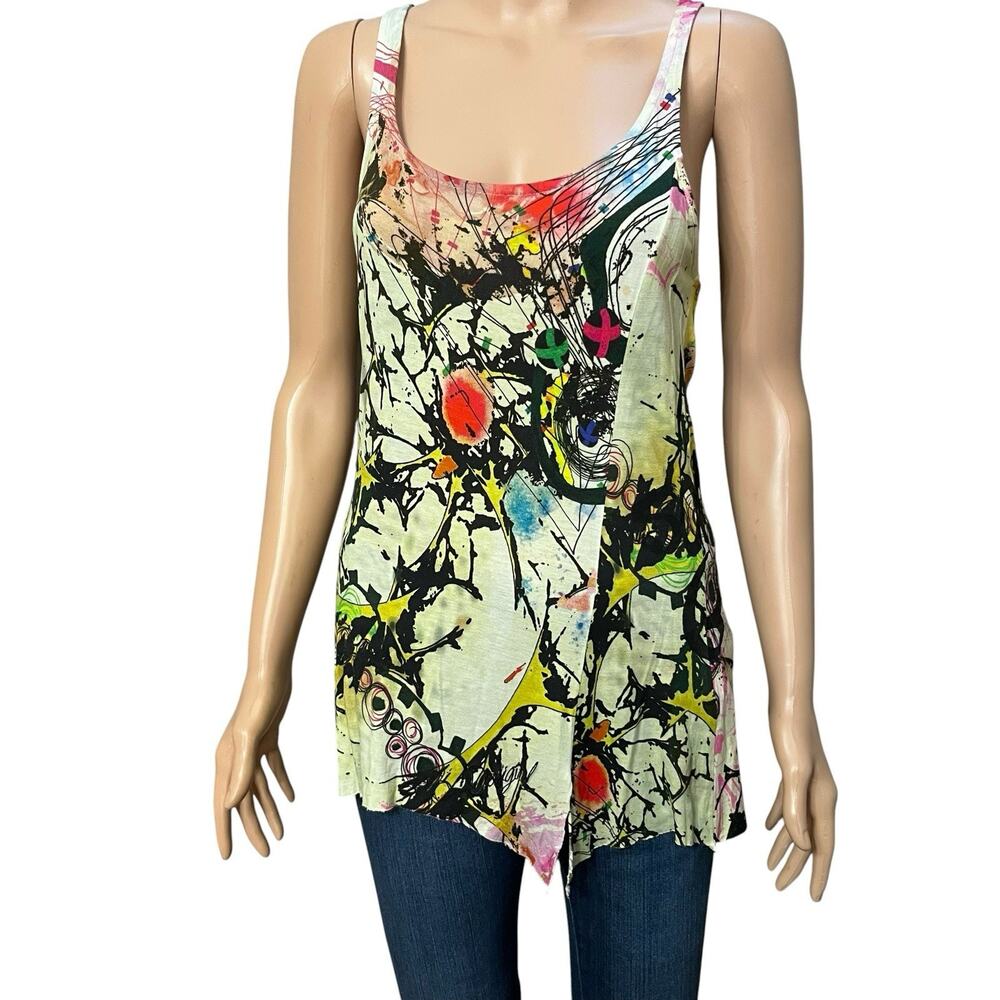 Y2K Desigual Graffiti Abstract Print Tunic Tank Top XS Colorful Asymmetric Hem